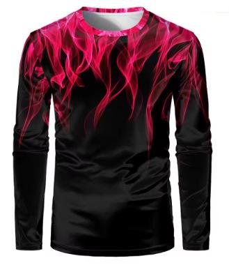 Fashion multi-color flame print men's long-sleeved T-shirt personality funny T-shirt retro street loose trend T-shirt