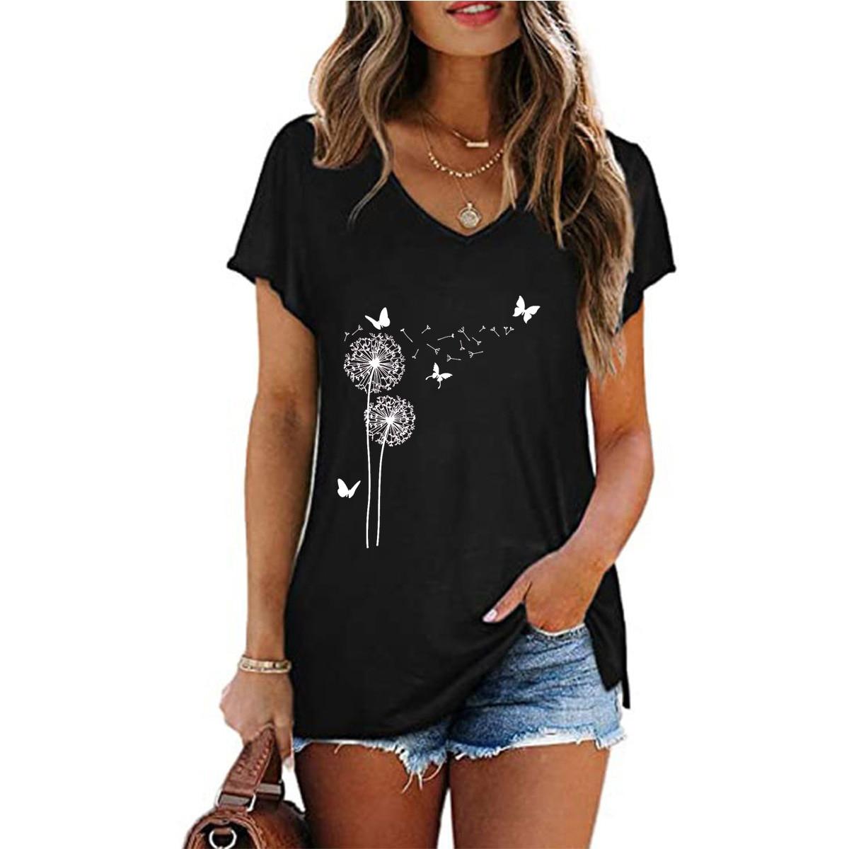 

Fashion Spring Dandelion Print Blouses Short Sleeved V-Neck T Shirts Casual XS чёрный