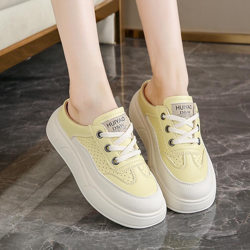 CRLAYDK Women's Slip On Sneakers Leather Platform Walking Mules Casual Backless Indoor Outdoor Shoes for Summer