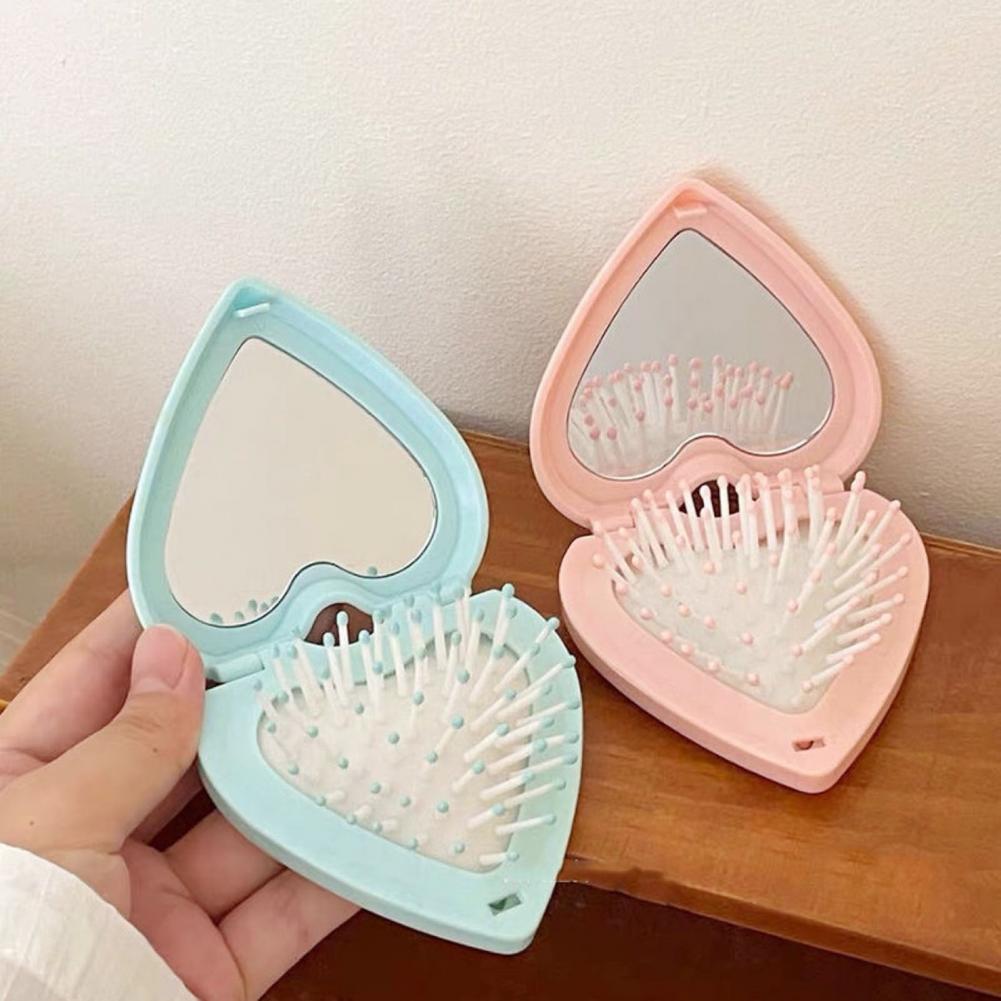 Heart Hair Brush with Mirror 2 In 1 Soft Bristles Scalp Massage Folding Brush Anti Static Comb Hair Styling Tools
