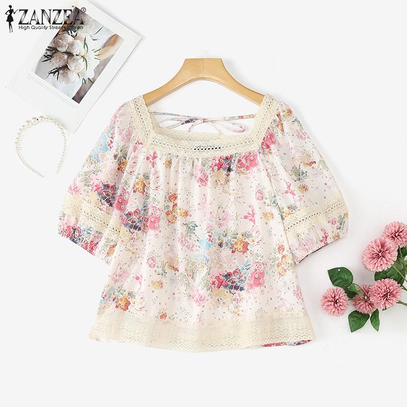 ZANZEA Women Lace Splice Square Collar Summer Short Sleeve Floral Blouse