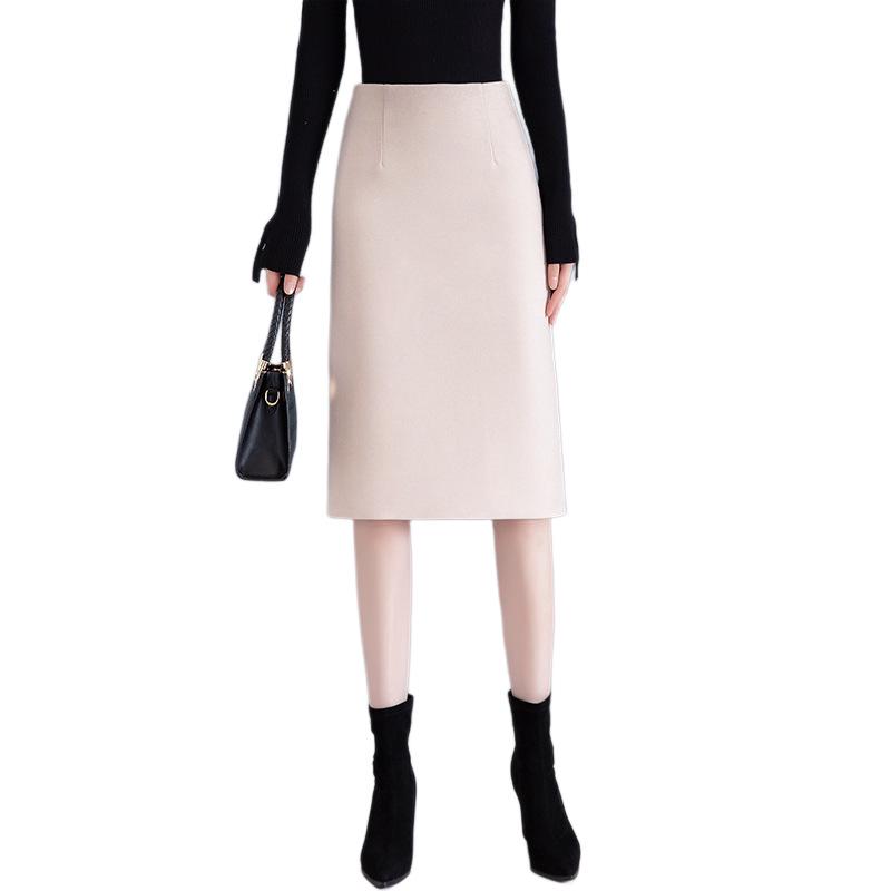 A-line High-Waisted Wool Blend Midi Skirt for Women - Slimming, Hip-Hugging, Thigh-Covering, Autumn/Winter 2025 Style.