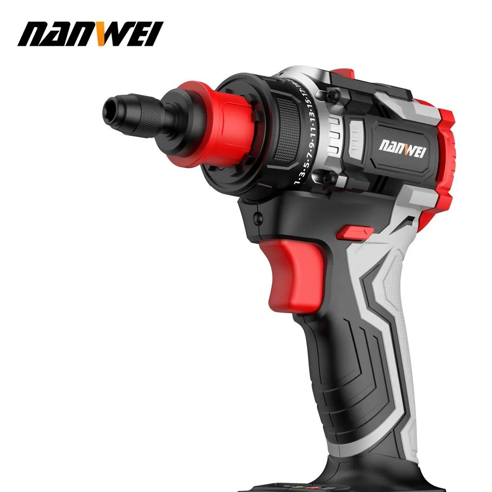 NANWEI 21V 2.0Ah Brushless Lithium-ion Cordless Electric Screwdriver Handheld Universal Electric Screwdriver with 4 Types of Chucks