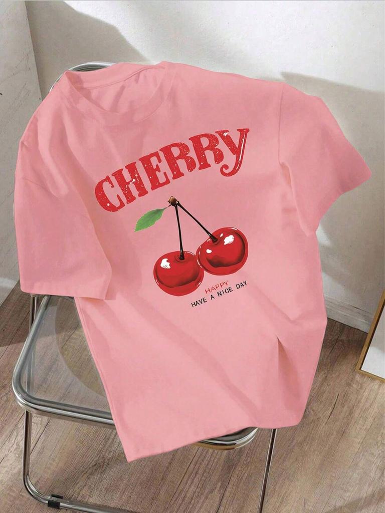 Cherry Cartoon Printed Graphic Women Cotton T-shirt Y2k Summer Fashion Brand Round Neck Short Sleeve Tops Vintage Casual Tee 3XL