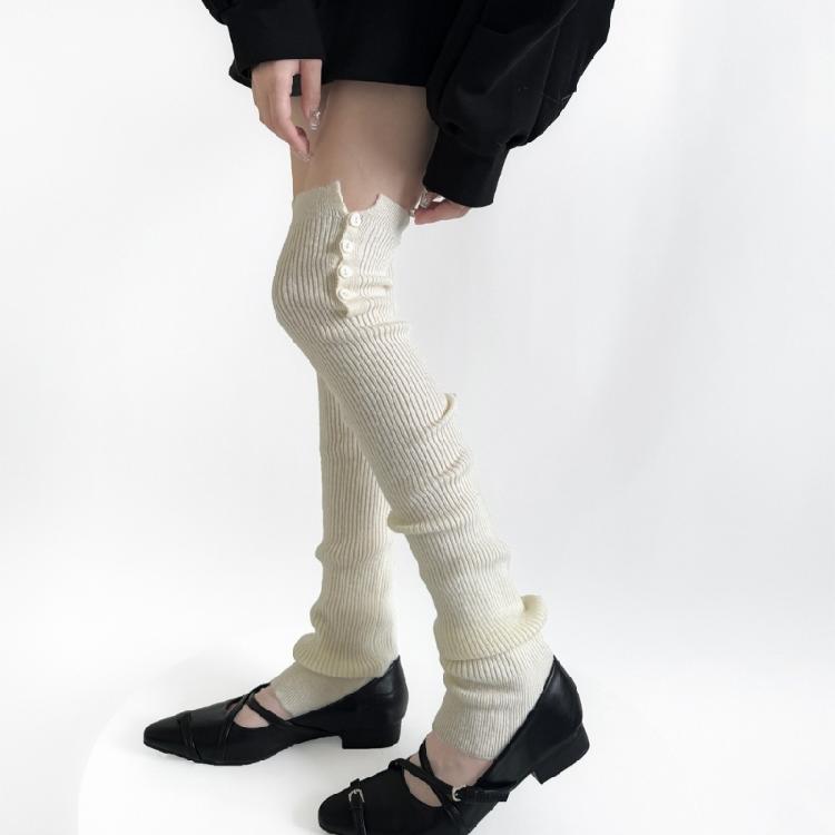 Women Japanese Ribbed Knitted Leggings Gaiters with Slit Buttons Harajuku Aesthetic Thigh High Leg Warmer Footless Socks