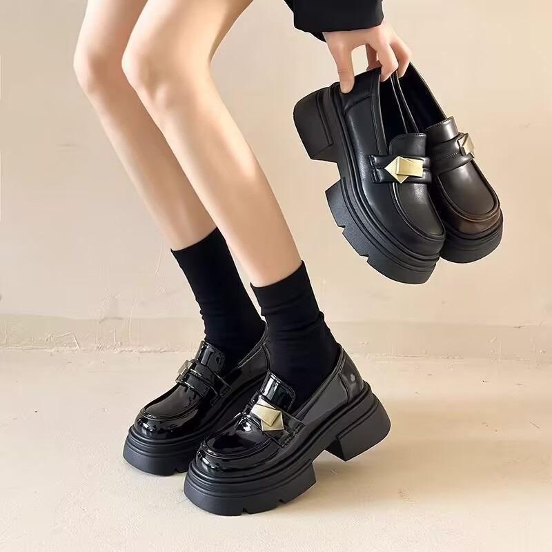 Retro Leather Shoes - New Style Women's Single Shoes with Thick Sole and Chunky Heel for Heightening The Feet.
