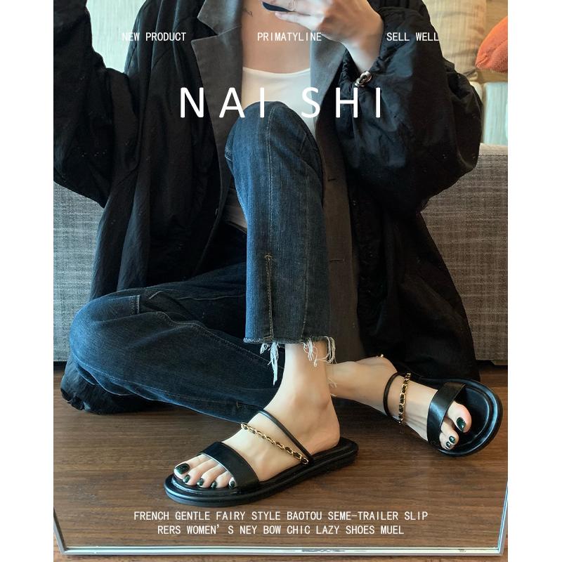 

Blue cabinet version! Flat one-word drag shoes women s metal chain two wear casual beach shoes French open-toed Roman sandals 39 чёрный