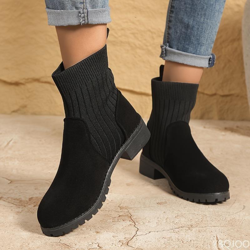 Fashion Women's Autumn Winter New Thick Heel Short Boots Retro Midsole Simple Comfortable Daily Casual Knitted Women's Boots