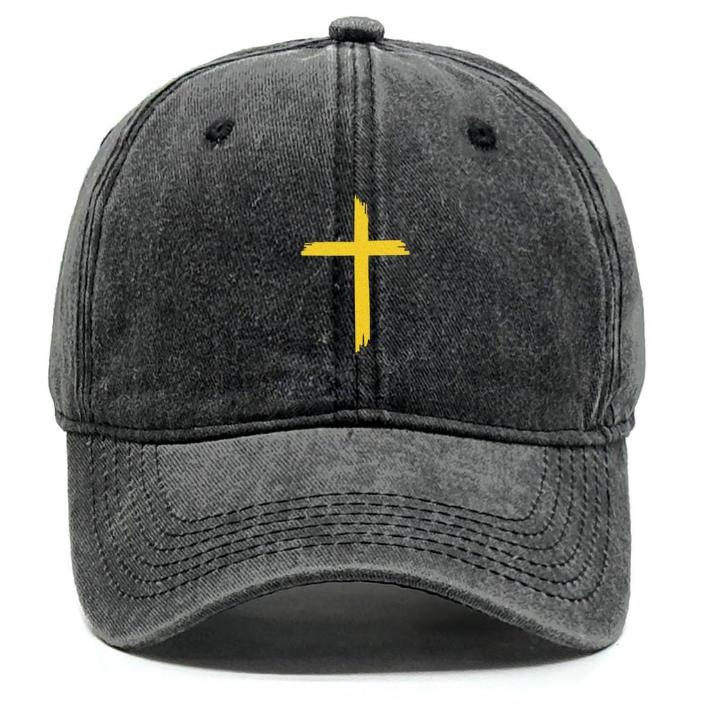 Golden Crucifix Print Snapback Sun Hat, Flat Cap Hip Hop Fit Sun Protection Distressed Adjustable Baseball Hat
