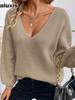 Fall Winter V-Neck Solid Color Women's Top, Imported New Long Sleeve Casual Loose Bow Tie Knit Sweater for Women