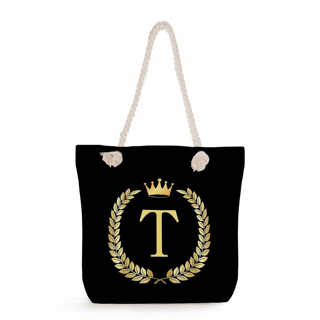 Black letters on a black background print thick rope single-shoulder beach bag 7289 CLE