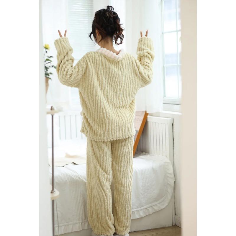 2PCS/Set Thickened Warm Monthly Pregnant Women's Clothing Set Winter Flannel Nursing Pajamas Long Sleeve Homewear
