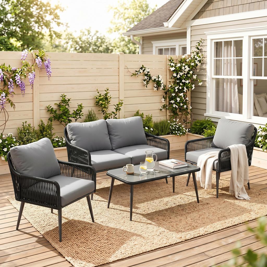 Rattan Garden Furniture Set, 4 Piece Outdoor Patio Furniture with Tempered Glass Table and Chairs, Indoor Balcony Conservatory Set