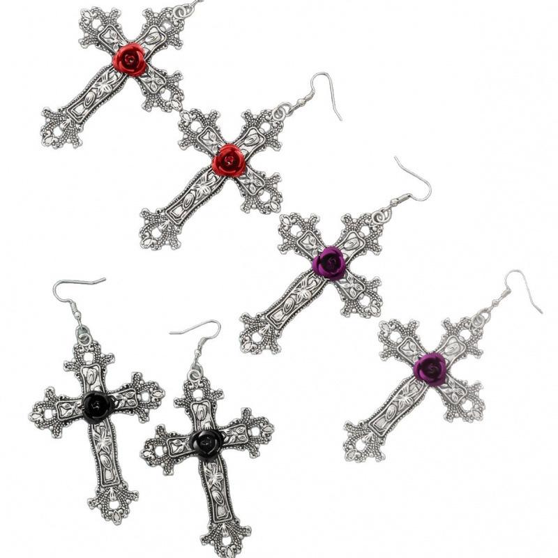 Gothic Dark Rose Cross Earrings Pendant with High-end Aesthetic