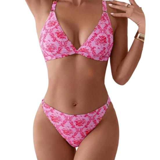 2Pcs/Set Sexy Bikini Set Floral Print Triangle String High Cut Swimsuit Adjustable