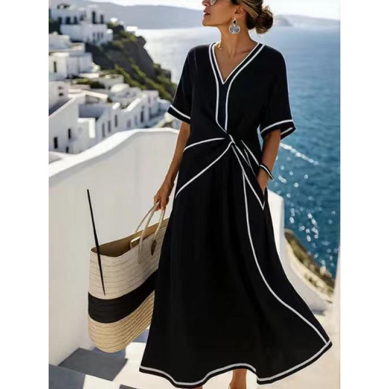 European & American Slimming Color Block Strappy Sleeveless Maxi Dress