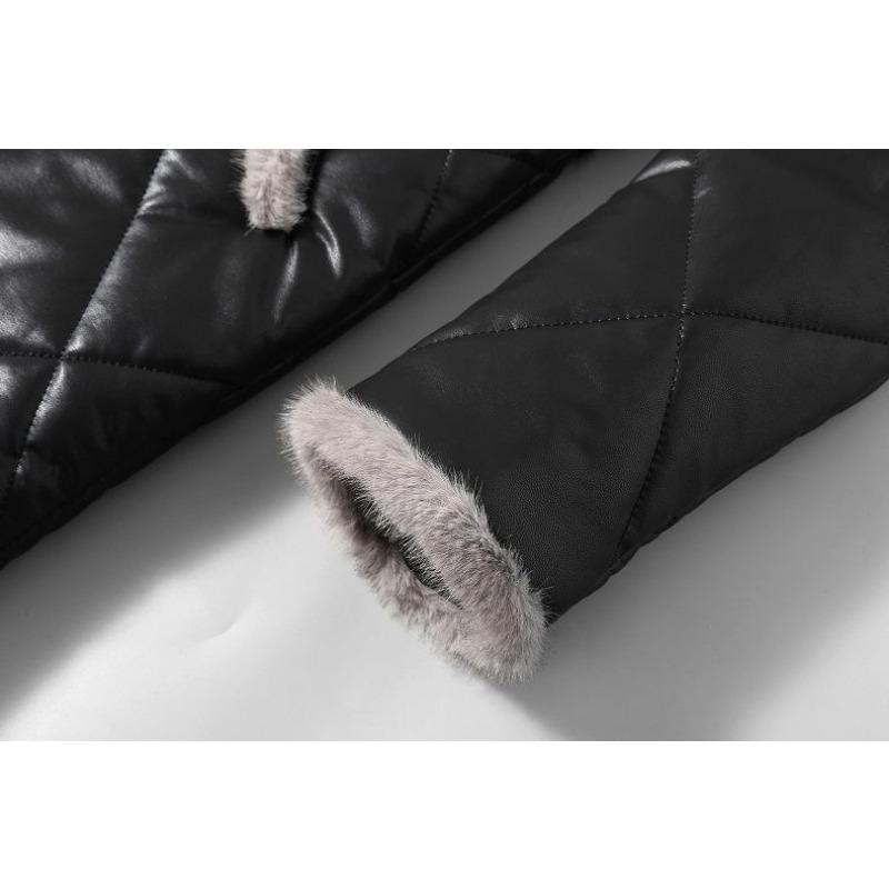 Women Winter Medium Long Stitching Leather Coat Stand-up Imitation Mink Fur Collar Cotton-Padded Jacket Temperament Warm Overcoat