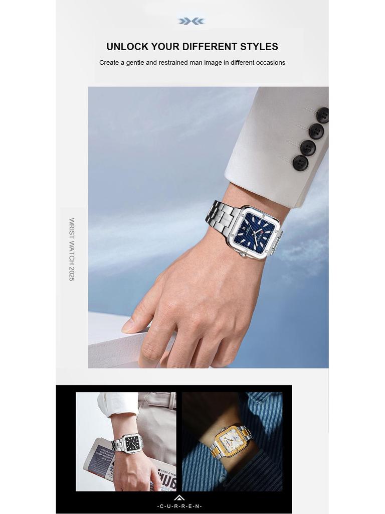 CURREN 8479 Unisex Minimalist Square Quartz Wristwatch with Calendar