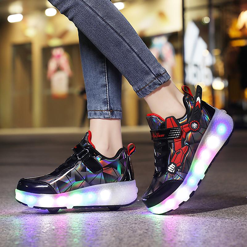 Patines de Ruedas Dobles Patines para Niños Retráctiles Ruedas Automáticas Zapatos Deportivos Carga USB Luz LED Zapatos Deportivos