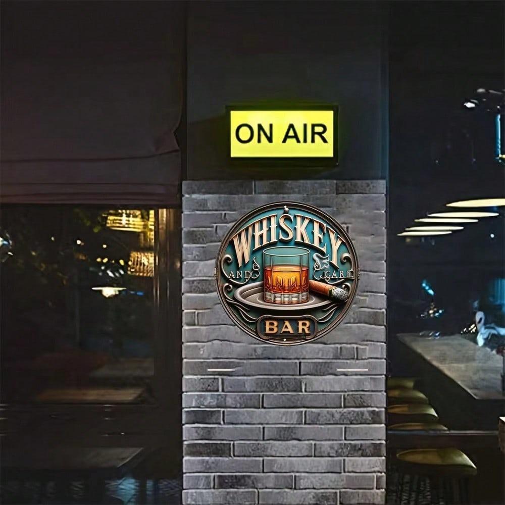 Vintage Whiskey Cigar Tin Sign, Round Metal Art Poster for Home Bar Garage Festive Indoor Outdoor Decor