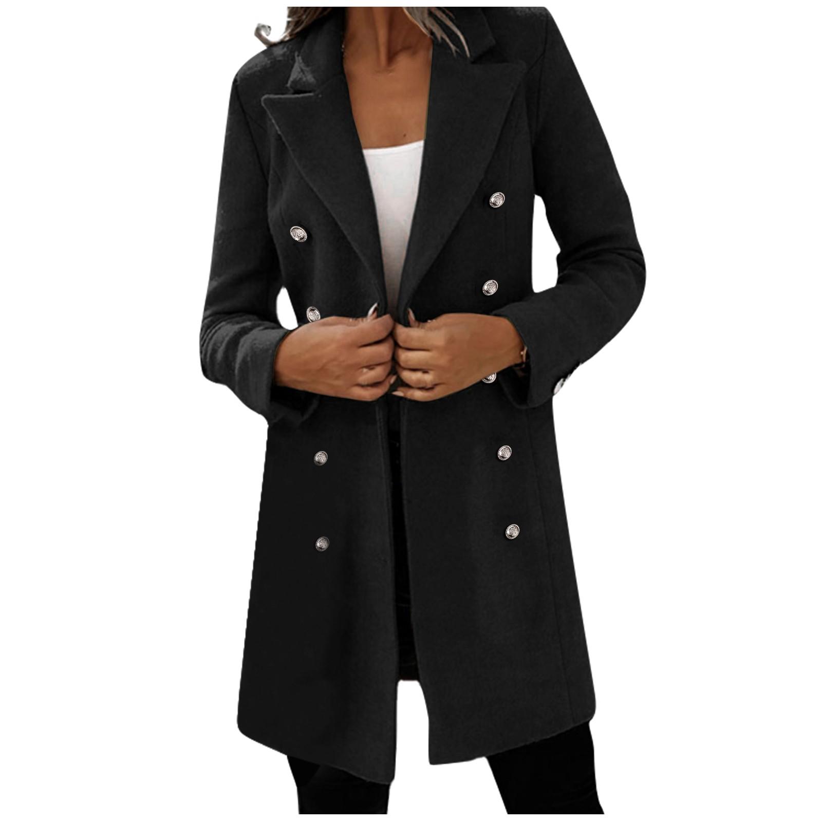 

Жіноче модне вовняне пальто з подвійними ґудзиками з довгим рукавом осінь та зима XXL чорний