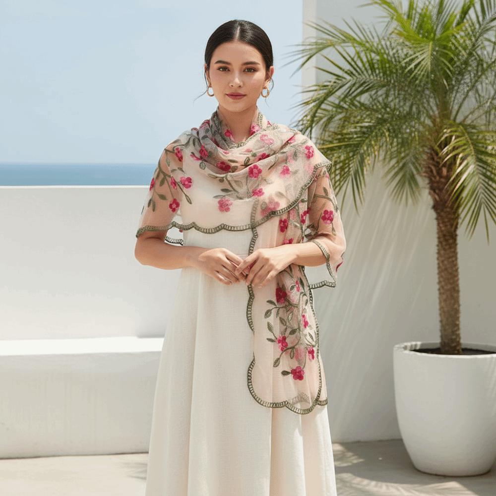 Lightweight Embroidered Floral Headwrap Breathable Long Lace Scarf Summer Hijab Travel Photoshoot