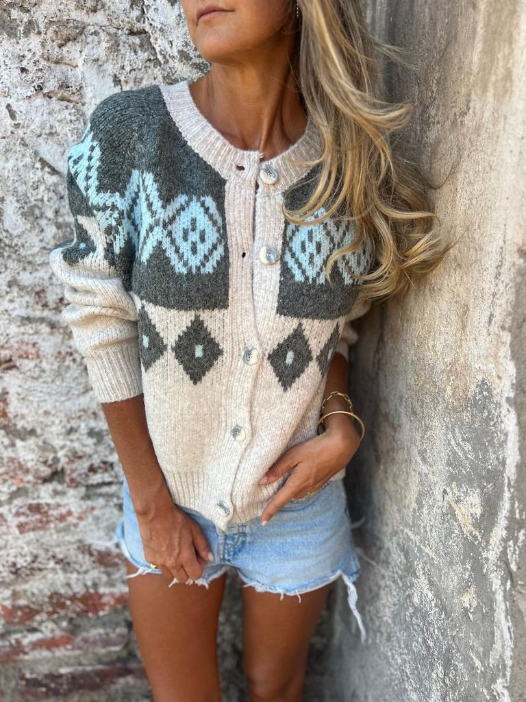 Women's Pink V-Neck Knit Cardigan with Jacquard Floral Pattern