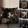 Cat And Flower Fashion Cushion Cover Natural Linen Organic Fabric DoubleSided Printing Sofa Home Decor Gift Pillow Case