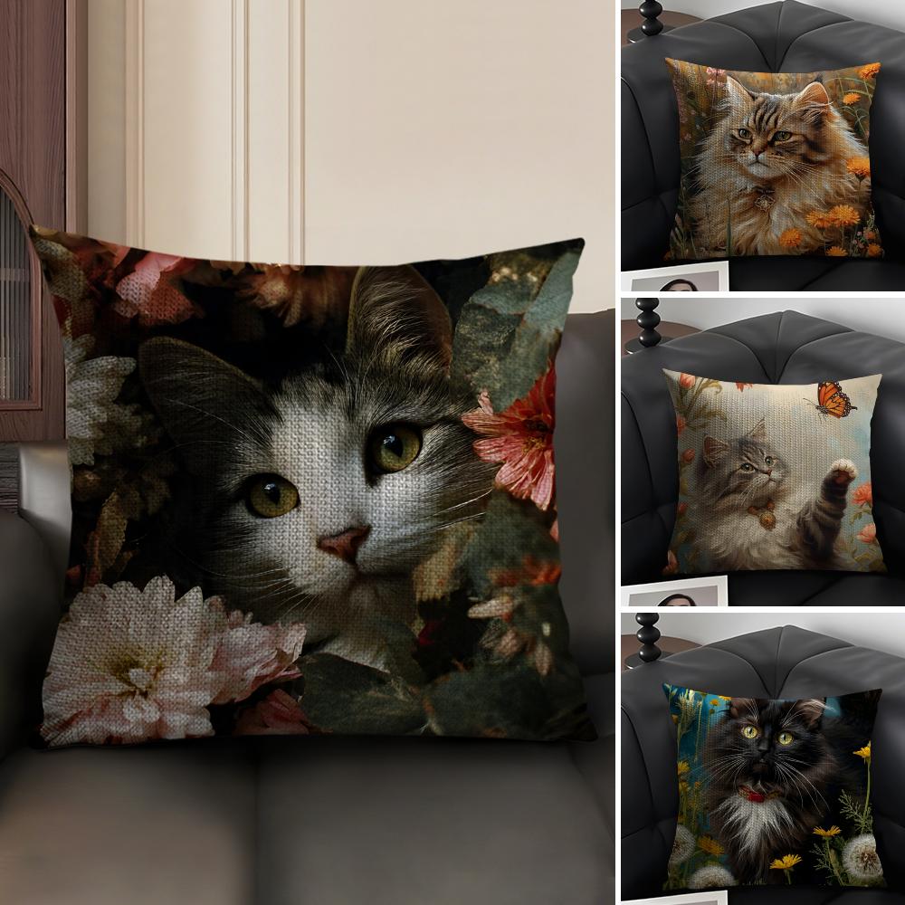 Cat And Flower Fashion Cushion Cover Natural Linen Organic Fabric DoubleSided Printing Sofa Home Decor Gift Pillow Case