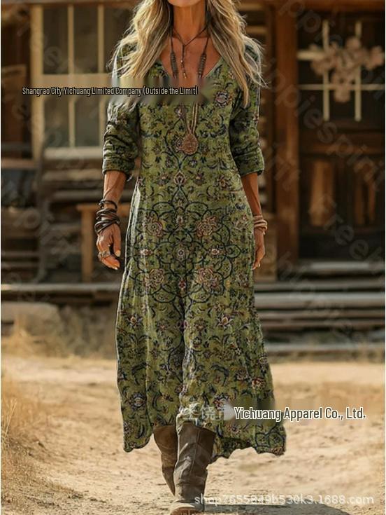 2026 Spring Retro V-neck Long-sleeved Plus Size Dress