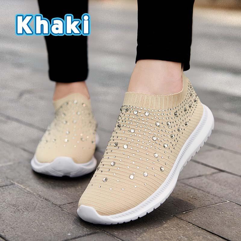 Fashion Women Flat Shoes Knitted Shoes Breathable Mesh Sneakers Crystals Sparkly Sock Shoes Casual Lightweight Walking Shoes