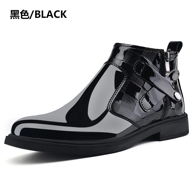 Fashion Winter Plush Ankle Boot Business Mirror Leather Chelsea Men's Boots Genuine Leather Wedding High Top Leather Shoes Cowboy Boots