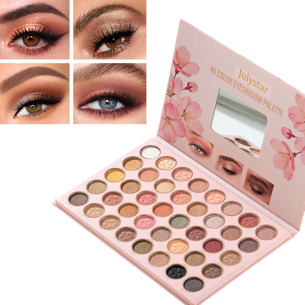 Julystar 40 Colors Eyeshadow Palette with Mirror, Romantic Pink Cherry Blossom Matte Shimmer Eye Shadow Pallete, Floral Embossed