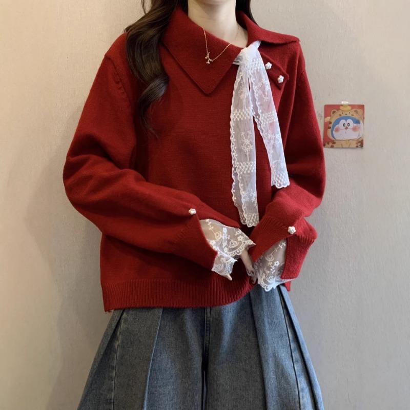 High-end Red Sweater Autumn and Winter New Plus Size Women's Fat and Beautiful Lace Stitching Sweater Top