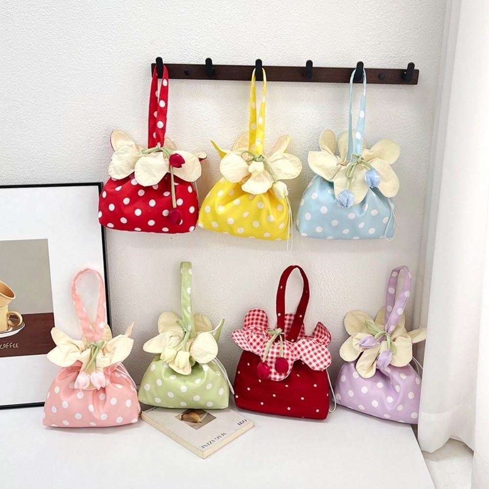 Floral Trim Polka Dot Flower Bag Flower Pendant Canvas Shoulder Bag Wrist Handbag Storage Bag