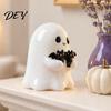 Small Ghost Statue for Garden Halloween Figurine, Cute White with Bats, Spooky Desk Decor Resin Ornament Home Mantel Tabletop Funny