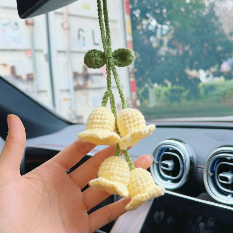 Cute Handmade Crochet Lily Flower Car Pendant Bluebell Flower Car Rearview Mirror Hanging Keychain Decoration Gift