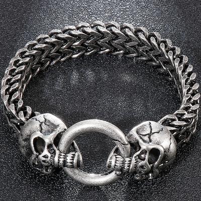Bracelet gothique pour hommes avec Double tête de crâne de loup de Lion, brassard masculin de 12MM, gourmette à maillons Franco sur la chaîne à main, Bracelets en acier S.