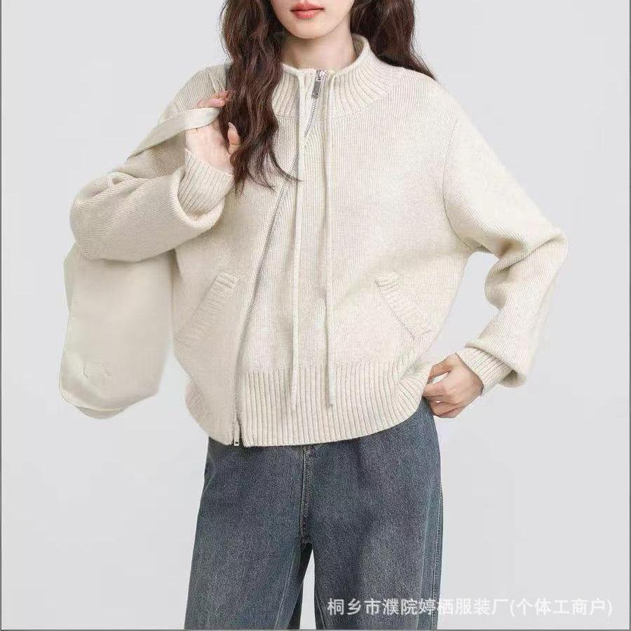 Korean Lazy Style Design Sense Knitted Cardigan Zipper Sweater Jacket Women's New Autumn and Winter Short Long Sleeves