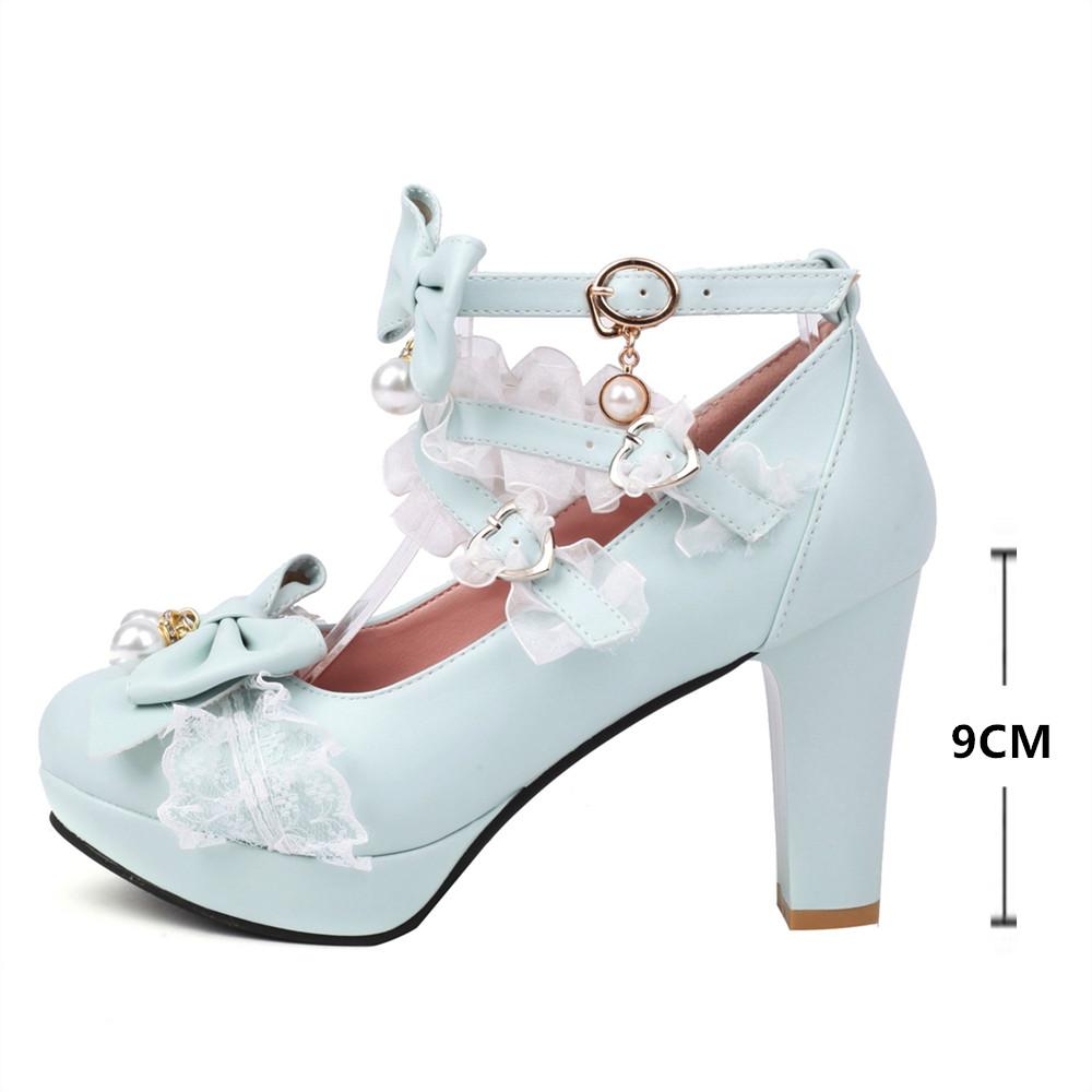 Womens Lolita Gothic Pumps High Heel Lace Cross Strap Bow Tie Bead Sweet Cosplay Party Shoes Round Toe Dress Footwear