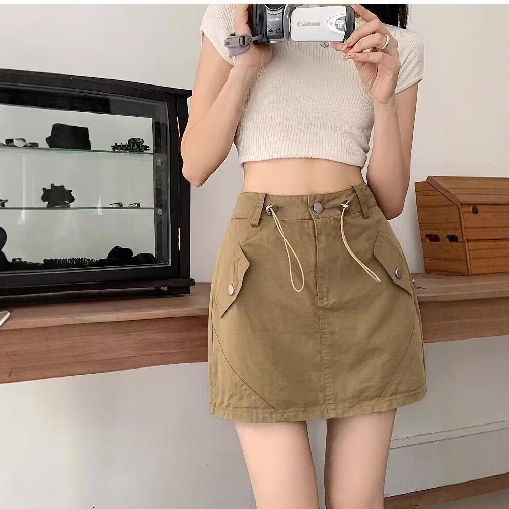 Women's High Waist Gray Workwear Mini Skirt with Drawstring Design