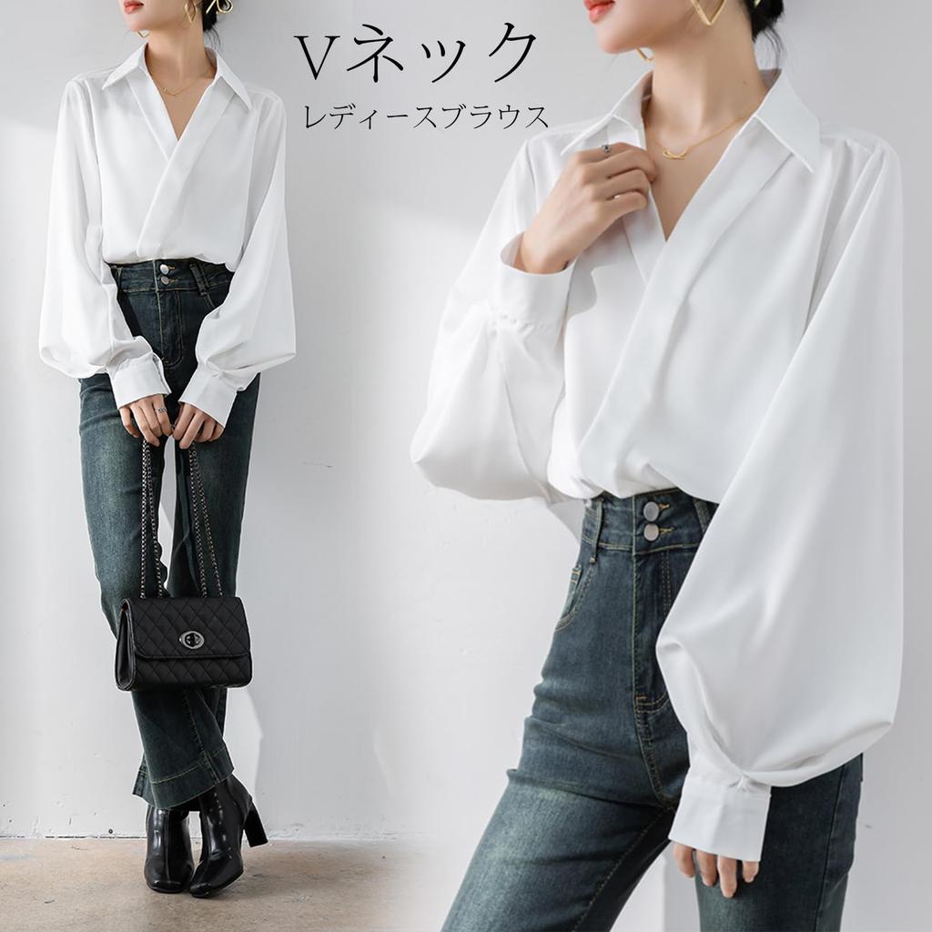 Long Sleeve Chiffon Blouse with Balloon Loose Plus Sizes Korean Autumn [POGCZMKK] Women's Shirt, V-Neck Sleeves, Cute, Slimming, Fit, Available,