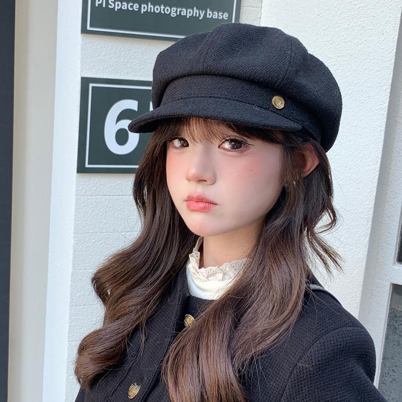 Korean Version of Autumn and Winter New Hat for Women with High End Metallic Octagonal Hat Black Retro Duck Tongue Beret Trendy