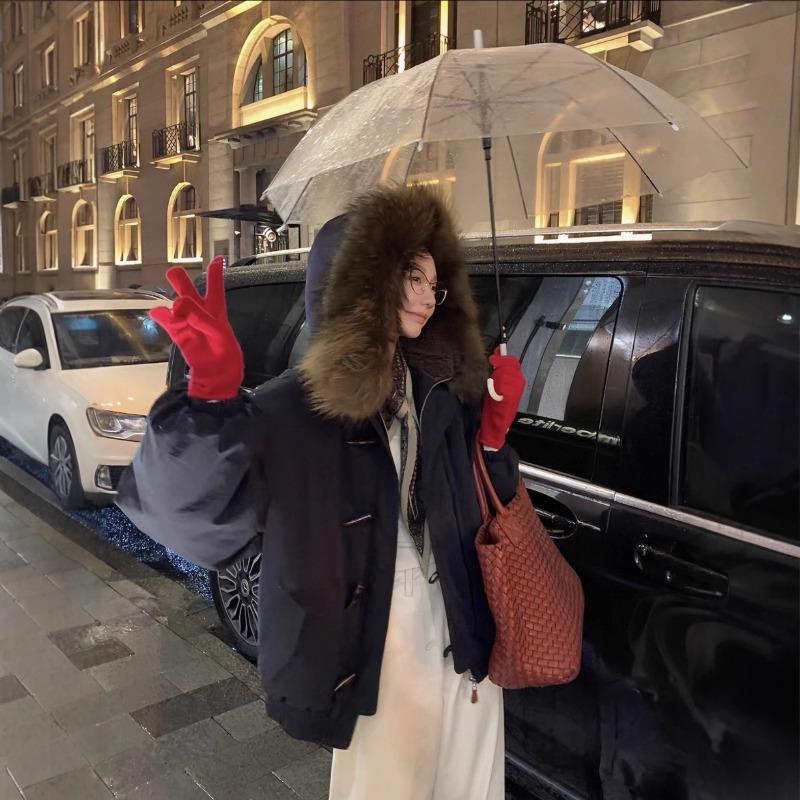 Fur collar down cotton-padded clothes for women overcome winter new cotton-padded clothes thickened warm horn buckle hooded jacket