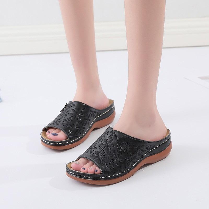 Summer new large size fashion slope heel cool slippers women's hollow flower word cool slippers