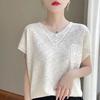 Women's Linen Blend V-Neck Lace Pocket Short Sleeve Loose Casual T-Shirt