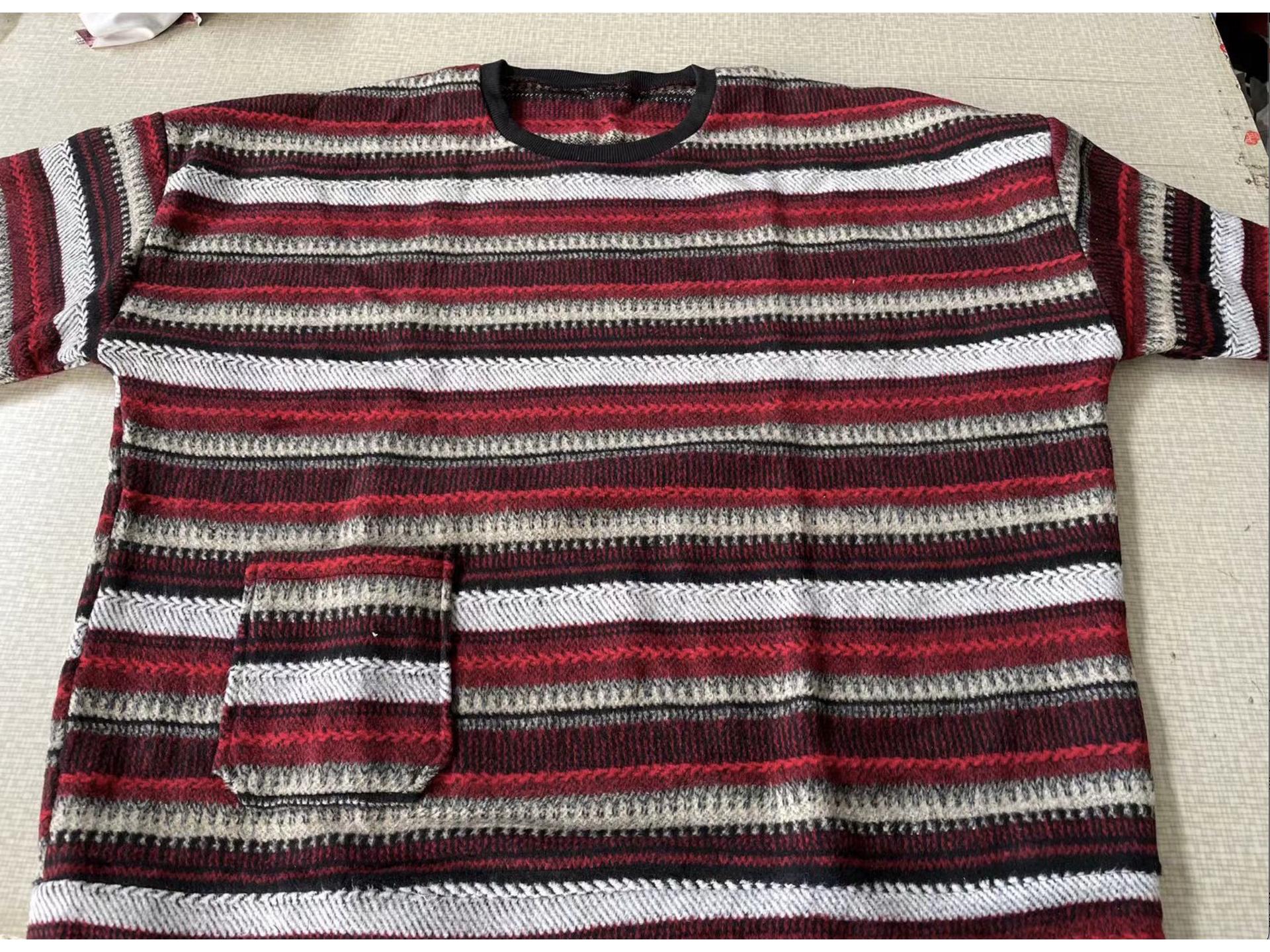 Ретро полосатый шерстяной свитер большого размера с карманами - ОсеньЗима на флисовой подкладке свободного кроя с круглым вырезом S 3970₽