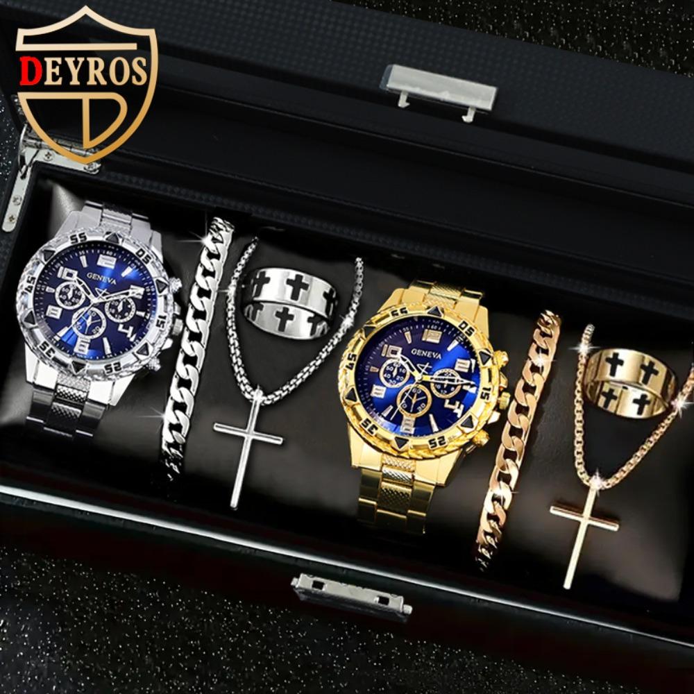 

8pcs/set Men sWatch Set with Blue Round Dial,Bracelet,Necklace,Ring-Fashionable Zinc Alloy Jewelry Set,Ideal Choice for Gifts. No