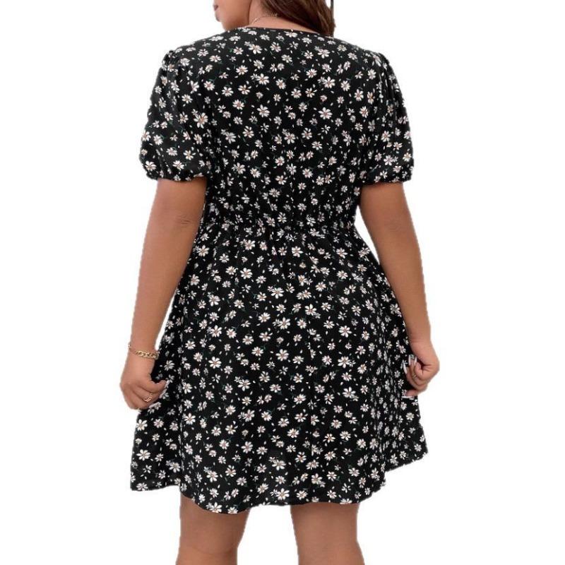 Damen Plus Size Gänseblümchen Blumenmuster Kleid V-Ausschnitt Puffärmel A-Linie Minikleid