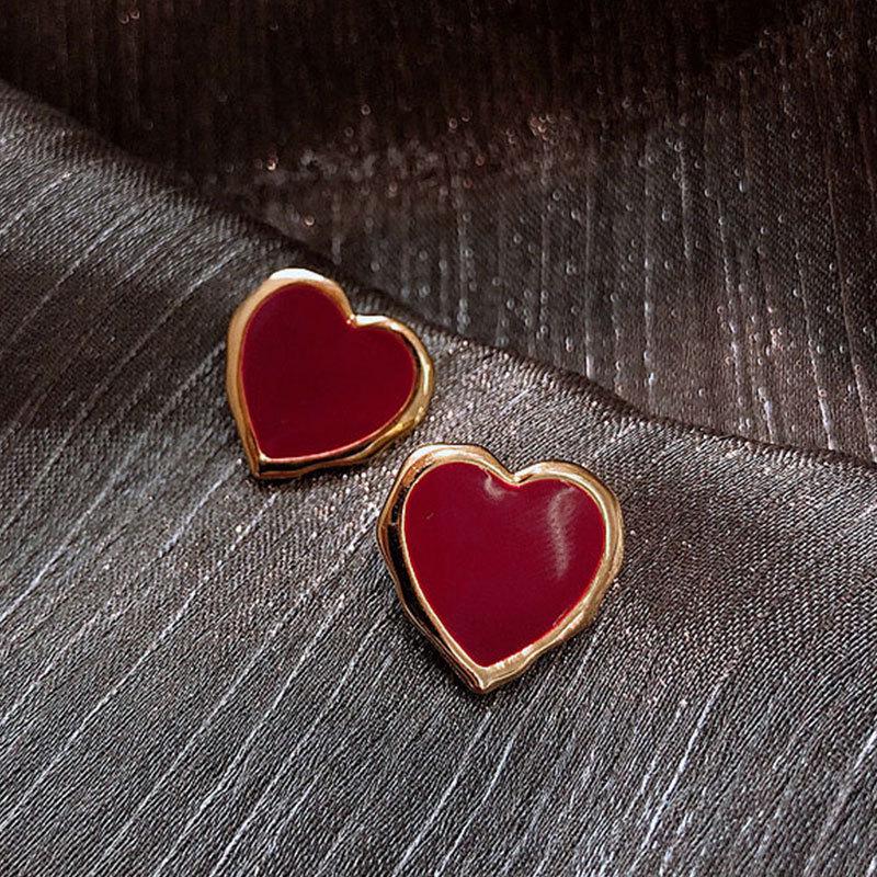 S925 Sterling Silver Wine Red Heart Shaped Earrings - 2023 Hong Kong Style Fashionista Edition